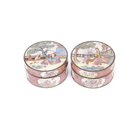 A PAIR OF PAINTED ENAMEL BOXES AND COVERSQianlongEach circular box with the cover depicting a different European subject scen