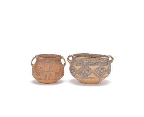 TWO NEOLITHIC POTTERY JARSMajiayao Culture, 3rd millennium B.CComprising: a compressed globular jar with two loop handles dec