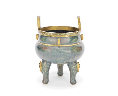 A CLOISONNÉ ENAMEL TRIPOD INCENSE BURNER18th centuryRising from tall cabriole legs with gilt flanges, the compressed globular