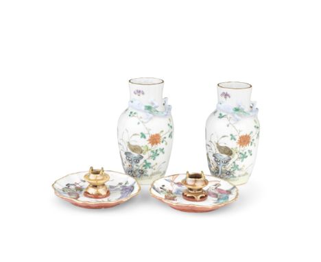 A PAIR OF FAMILLE ROSE INCENSE STICK HOLDERS AND A PAIR OF MOULDED VASESLate Qing/RepublicThe flower form trays decorated in 