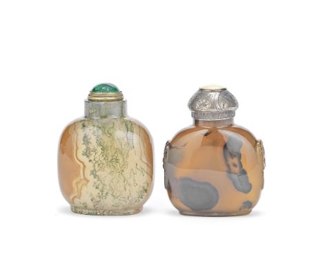 A MOSS AGATE SNUFF BOTTLE AND A SHADOW AGATE SNUFF BOTTLE18th/19th centuryThe first of rounded form, well hollowed, with natu