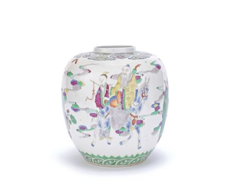 A POLYCHROME ENAMELLED JARKangxi four-character mark, 19th centuryDecorated with the Eight Daoist Immortals above foaming wav