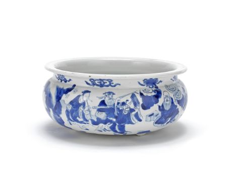 A BLUE AND WHITE 'IMMORTALS' INCENSE BURNERKangxiRaised on three triangle-shaped short feet, the bombé body with a depiction 