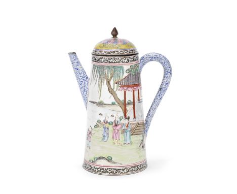 A PAINTED ENAMEL COFFEE POT AND COVER18th centuryOf tapering cylindrical form, decorated with a continuous scene depicting a 