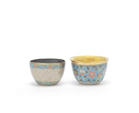 TWO SMALL CLOISONNÉ ENAMEL CUPSMing DynastyOne decorated to the exterior with a floral scroll against a turquoise-blue ground