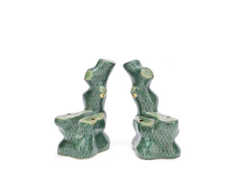A PAIR OF CLOISONNÉ ENAMEL TREE-FORM STANDS19th centuryEach stand enamelled with a bright emerald green colour and gilt profi
