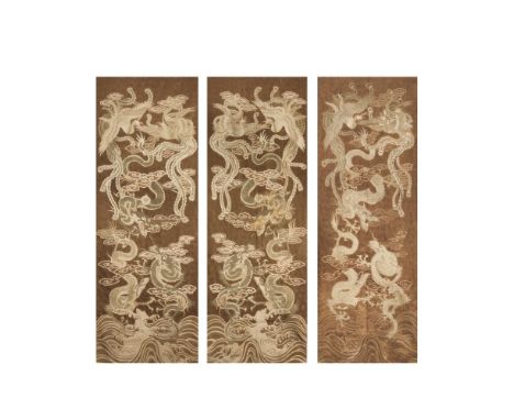 THREE EMBROIDERED WALL HANGINGSMeiji era (1868-1912), late 19th/early 20th centuryWorked in silk and cotton threads, deployin