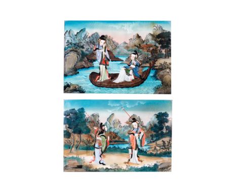 TWO REVERSE GLASS PAINTINGS20th centuryOne depicting two court ladies in a shallow carved trunk boat in a river and mountain 