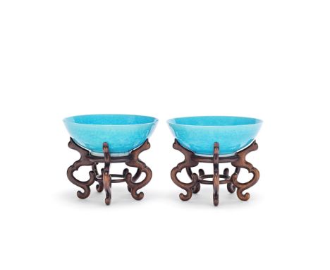 A PAIR OF TURQUOISE-GLAZED BOWLSKangxiEach bowl rising from a short ribbed foot with deep rounded sides covered in a bright t