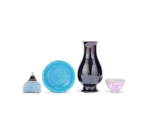 A GROUP OF MONOCHROME WARESKangxi to 19th centuryComprising: a turquoise glazed saucer dish; a blue flambé glazed square form