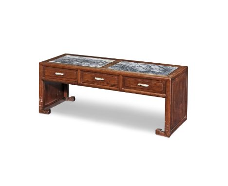 A HUANGHUALI LOW TABLE WITH DRAWERSLate 19th centuryThe rectangular top inset with two marble panels, above a set of three de