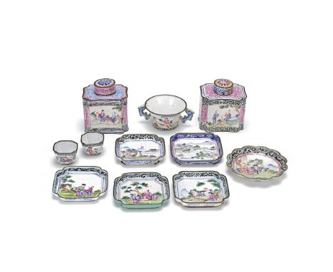 A GROUP OF ELEVEN CANTON ENAMEL EXPORT WARESQianlongComprising: two tea caddies; a twin-handled bowl; two tea cups; five squa