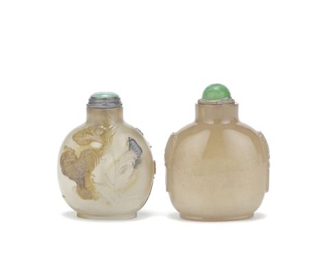 A CARVED CAMEO AGATE SNUFF BOTTLE AND A HONEY AGATE SNUFF BOTTLE19th centuryThe first bottle carved to one side with a deer a