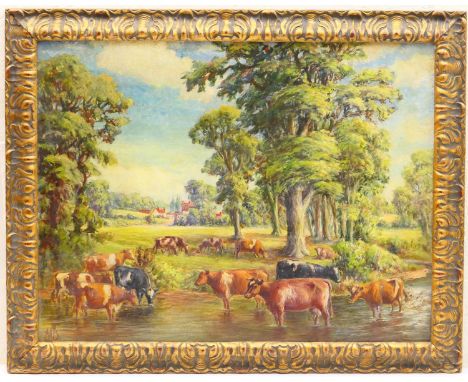Albion Harris Bicknell (American, 1837-1915), Summer suns aglowing, cattle watering under the dappled light of the trees, oil