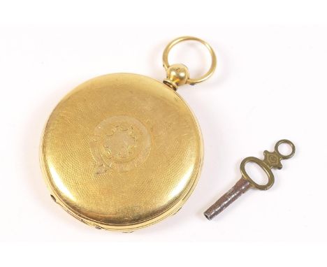 Victorian 18ct gold hunter pocket watch, Chester 1863, white enamelled 40mm dial with Roman numerals, subsidiary seconds, eng