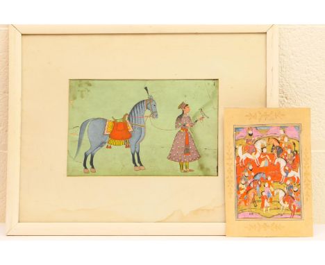 Indian Miniaturist School (late 19th Century), Prince with a stallion and hawk, gouache on paper, 17.5cm x 27cm; also a furth