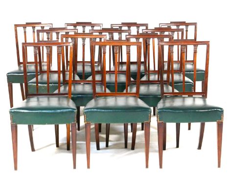 Set of twelve late George III mahogany dining chairs, circa 1800-20, each having stiff acanthus leaf capped triple stick back