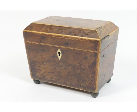 Yewood tea caddy, early 19th Century, sarcophagus form with boxwood and rosewood line inlays, sectioned interior, raised on b
