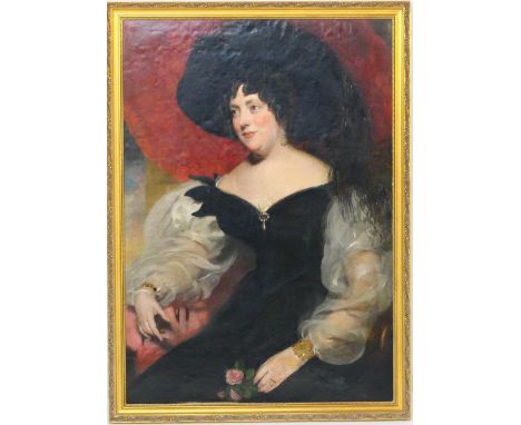 Follower of Martin Archer Shee (1769-1850), Portrait of a lady in a plumed, wide brimmed hat and black dress, seated three-qu