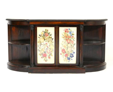 William IV rosewood chiffonier, circa 1835, breakfront, the top with gadrooned edge over two central foliate tapestry inset d