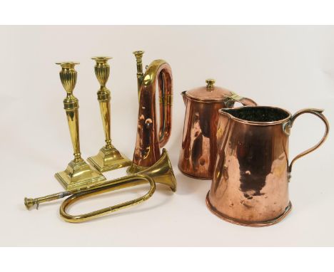 Victorian copper and brassware, including a lidded copper jug, 23.5cm; another copper jug of similar size; pair of Victorian 