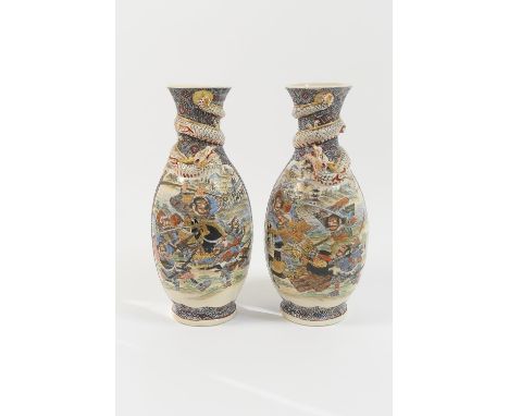Pair of Japanese satsuma vases, Taisho (1912-26), ovoid form relief moulded with a dragon at the neck and decorated with pane