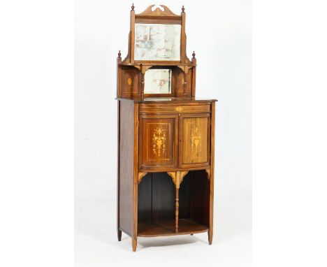 Late Victorian Sheraton Revival rosewood and inlaid cabinet, circa 1890, having a mirror back with a single shelf over a bow 