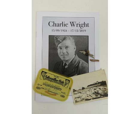 World War II interest: Fl. Sgt. Charlie H Wright, 1608844 Caterpillar Club pin with ruby eyes, membership card and RAF enamel