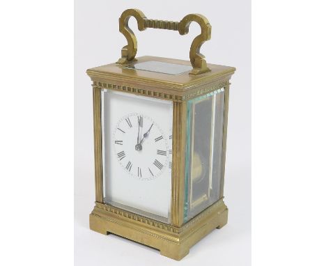 French brass carriage clock, circa 1900-20, white enamelled dial with Roman numerals, the movement striking on a gong, height