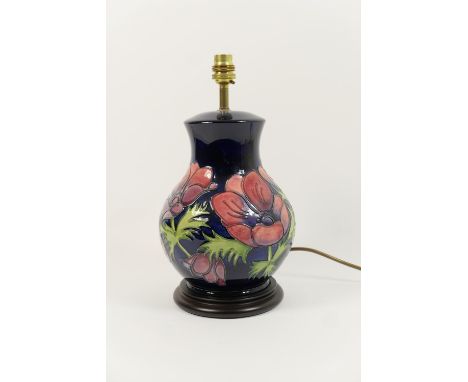 Moorcroft Anemone table lamp, blue ground, original fitments (no shade), height 34cm 