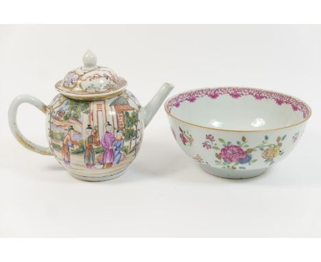 Chinese famille rose teapot and cover, late 18th/early 19th Century, bullet shape decorated in the Canton style with figures 