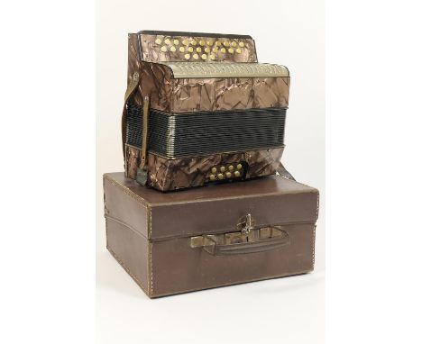 Hohner small piano accordion, finished in faux brown mother of pearl plastic, 24cm, with carrying case 