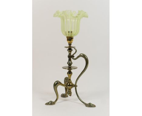 Arts and Crafts style nickel plated brass chamber lamp, in the manner of Benson, having a green vaseline glass shade over a m