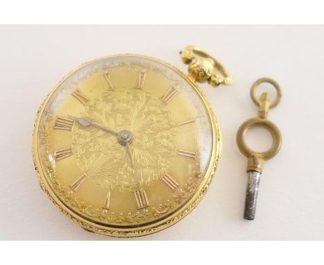 Early Victorian 18ct gold gentleman's pocket watch, Birmingham 1840, gilt foliate chased 40mm diameter dial with Roman numera