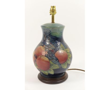 Moorcroft Finches and Fruits baluster table lamp, blue ground, with original fitments (no shade), total height 34cm 