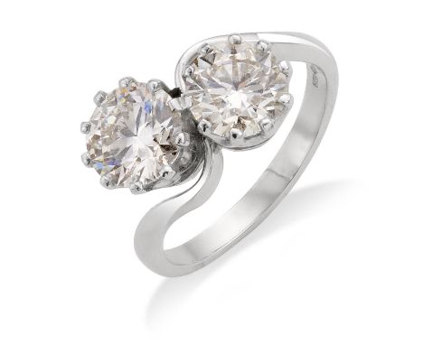 Good diamond crossover ring, set with two round brilliant cut stones, each as 1.5cts and 1.45cts, well matched in colour, est