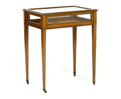 Late Victorian mahogany and inlaid collector's display table, circa 1900, rectangular form with lift up glazed top and glazed