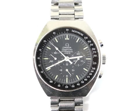 Omega Professional Speedmaster Mk II stainless steel chronograph wristwatch, 1970s, manual wind movement, black dial with sub