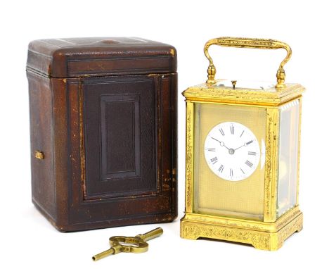 Victorian cased brass repeater carriage clock, retailed by Hunt & Roskell, New Bond Street, London, 48mm dial with Roman nume