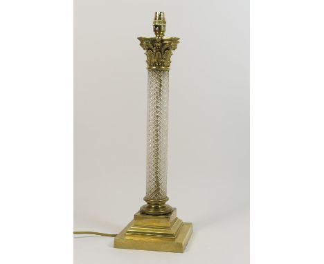 Cut crystal and brass Corinthian column table lamp, fitted for electricity, height 48cm to the top of the column 