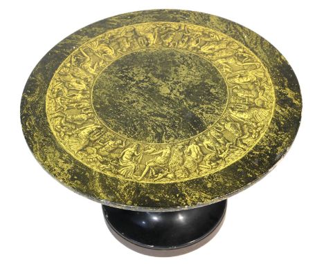 Fornasetti small pedestal table, the circular top decorated with a band of mythological creatures and nymphs in a yellow mono