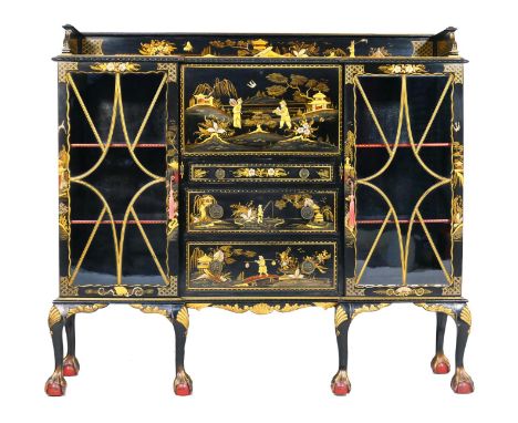 Chinoiserie lacquered secretaire display cabinet, circa 1920, inverted breakfront with three-quarter gallery top, centred wit