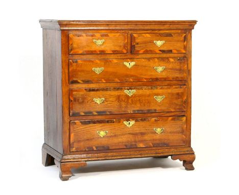 George III oak and yew wood banded chest of drawers, fitted with two short and three long drawers, with engraved brass plate 
