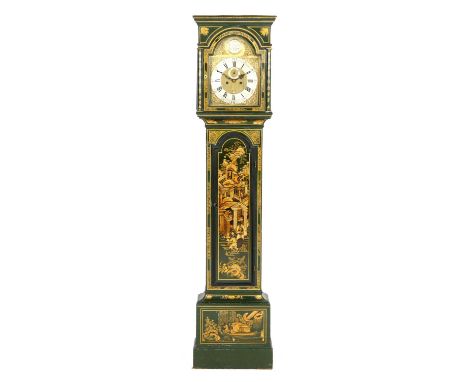 Green japanned lacquered longcase clock by William Lambert, London, having a brass 12'' arched dial with matted centred, silv