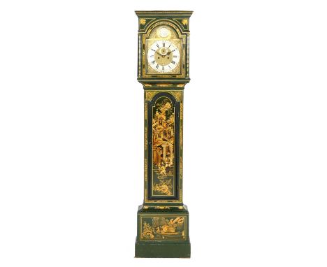 Green japanned lacquered longcase clock by William Lambert, London, having a brass 12'' arched dial with matted centred, silv