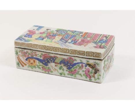 Chinese scholar's famille rose box and cover, early 19th Century, rectangular form, the lid decorated with figures in a pavil