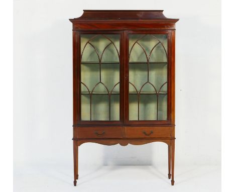 Edwardian mahogany and inlaid display cabinet, circa 1900-10, having two astragal glazed doors opening to two fabric covered 