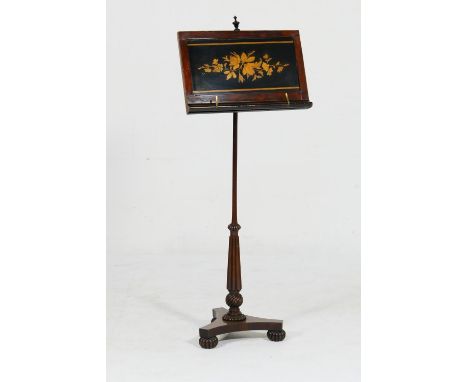 Rosewood and marquetry adjustable music stand, 19th Century but made up, the lectern panel inlaid with a floral spray in boxw