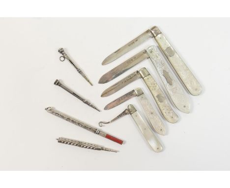Four Victorian and later silver and mother of pearl folding fruit knives, including Sheffield 1898, 1899, 1908 and 1918; also