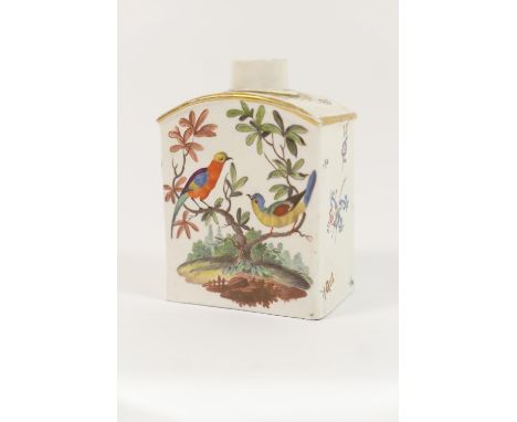 Meissen porcelain tea caddy, circa 1750, arched rectangular form decorated on either side with exotic birds amidst the branch